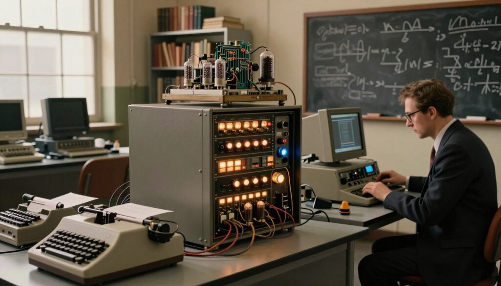 A vintage computer laboratory showcasing the first computers from the mid-20th century. In the foreground, a bulky mainframe unit with blinking lights, thick wires, and large vacuum tubes. To the left, an early teletype machine with streamers of printed paper, and to the right, a small desk with a scientist in professional attire, engrossed in work, debugging equipment with tools. The middle ground features shelves with large textbooks on computing and an overhead view of a complex circuit board. In the background, a chalkboard filled with handwritten equations and diagrams, and a large window letting in soft, warm lighting that creates a nostalgic atmosphere. The mood is focused and innovative, reflecting the excitement of early computer technology.