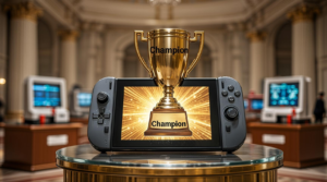 Nintendo Switch em destaque com iluminação dourada simbolizando ser o videogame mais vendido da história